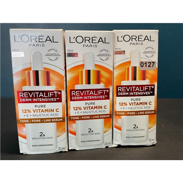 Lot of 3 Loreal Paris Revitalift Derm Intensives 12% Pure Vitamin C Skincare Serums