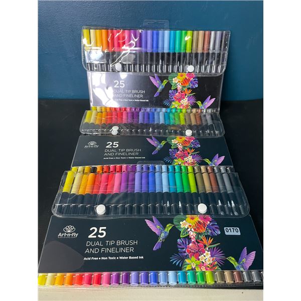 Lot of 3 Multi-Packs of Art-n-Fly Dual Tip Brush & Fineliner Markers - 25PCS/Colours Per Pack!