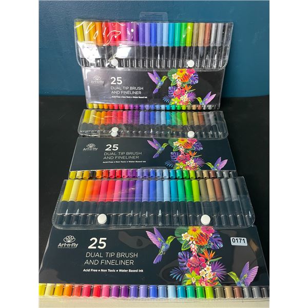Lot of 3 Multi-Packs of Art-n-Fly Dual Tip Brush & Fineliner Markers - 25PCS/Colours Per Pack!