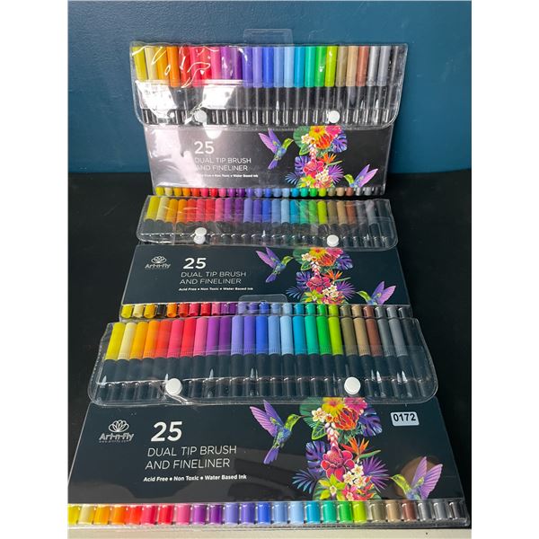 Lot of 3 Multi-Packs of Art-n-Fly Dual Tip Brush & Fineliner Markers - 25PCS/Colours Per Pack!