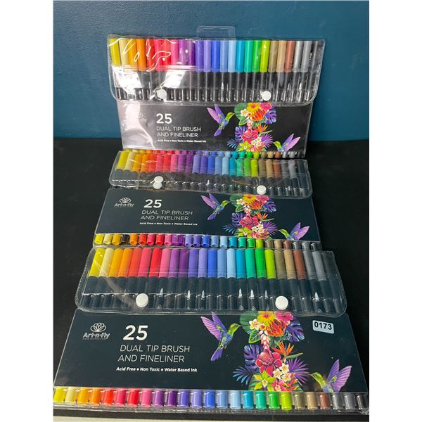 Lot of 3 Multi-Packs of Art-n-Fly Dual Tip Brush & Fineliner Markers - 25PCS/Colours Per Pack!