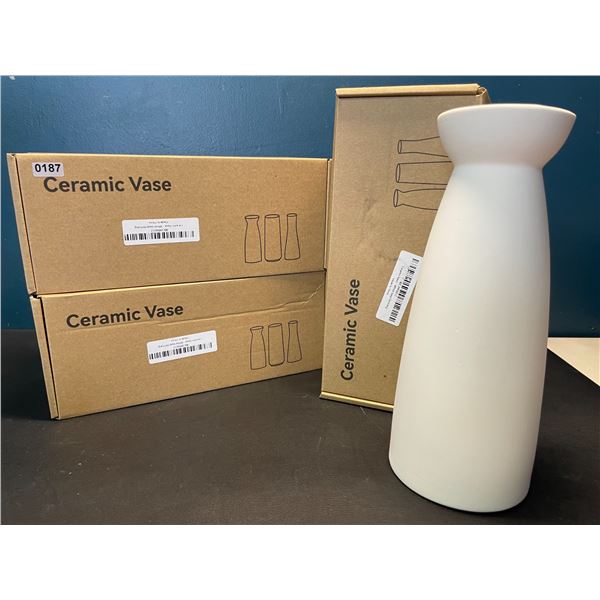 Lot of 3 Ceramic Vases - White - 9inch Height - Brand New!