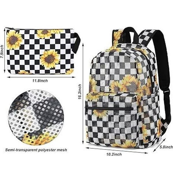 Lot of 2 Sunflower Checkered Mesh Backpack Sets w/ Cosmetic Bags