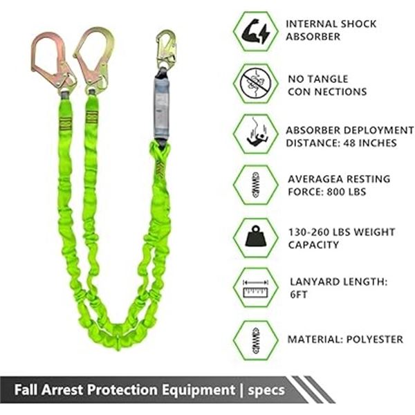 Lot of 1 6FT Double Leg Internal Shock Absorbing Safety Lanyard w/ Dual Rebar & Snap Hook