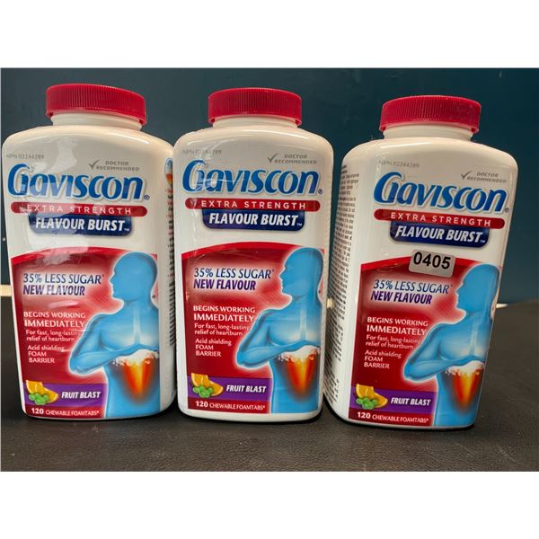 Lot of 3 Gaviscon Extra Strength - For Acid Reflux & Heartburn - Fruit Blast - 120 Chewable Tabs