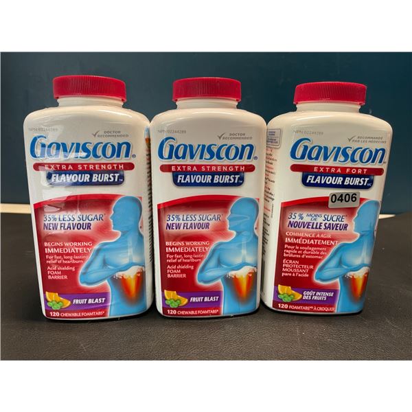 Lot of 3 Gaviscon Extra Strength - For Acid Reflux & Heartburn - Fruit Blast - 120 Chewable Tabs