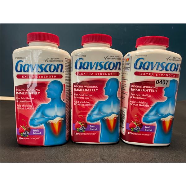 Lot of 3 Gaviscon Extra Strength - For Acid Reflux & Heartburn - Fruit Blend - 120 Chewable Tabs