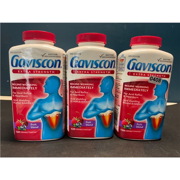 Lot of 3 Gaviscon Extra Strength - For Acid Reflux & Heartburn - Fruit Blend - 120 Chewable Tabs