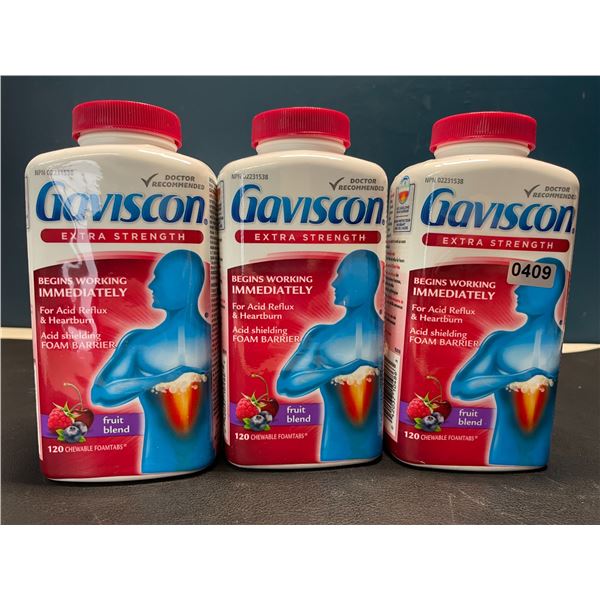 Lot of 3 Gaviscon Extra Strength - For Acid Reflux & Heartburn - Fruit Blend - 120 Chewable Tabs