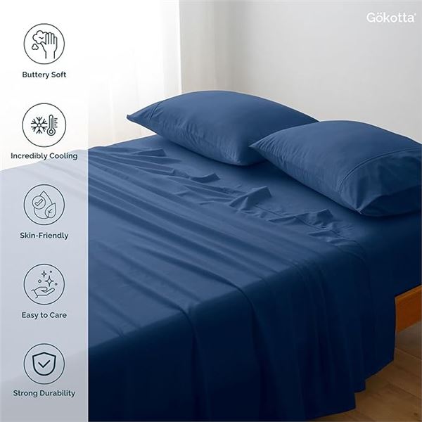 Lot of 1 Gokotta 4PC Bamboo Bed Sheet Set - King Size - Cooling Sheets - Blue