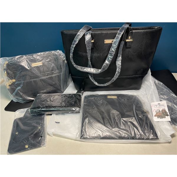 Lot of 1 Black Tote Bag, Wallet, and Cosmetic Bags Set - 5PC Tote Bag/Purse Set - Brand New!