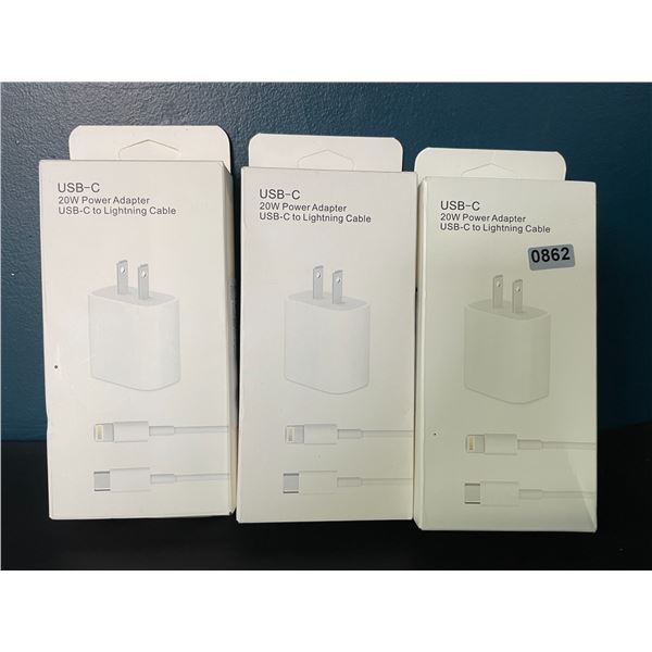Lot of 3 Packs of USB-C to Lightning Cable 20W Chargers (Cable and Wall Block)