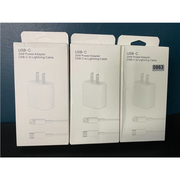 Lot of 3 Packs of USB-C to Lightning Cable 20W Chargers (Cable and Wall Block)