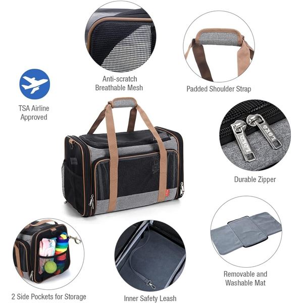 Lot of 1 Lekereise Cat Carrier Airline Approved Travel Pet Carrier for Small Cats and Dogs - Grey