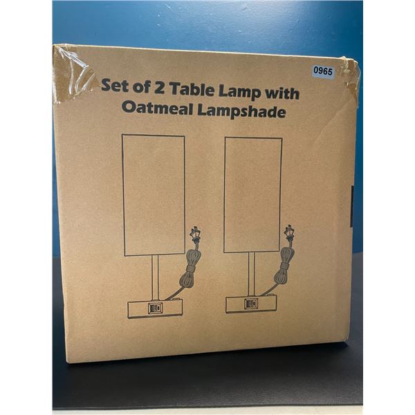 Lot of 1 Set of 2 Table Lamps with Oatmeal Lampshade & USB Charging Bases - Brand New!