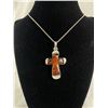 Image 1 : Vintage Sterling Silver w/ Carved Genuine Baltic Amber Cross Pendant + Chain Necklace, All Tested