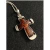 Image 2 : Vintage Sterling Silver w/ Carved Genuine Baltic Amber Cross Pendant + Chain Necklace, All Tested