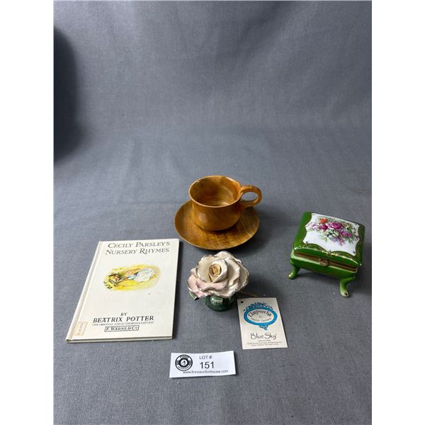 Vintage Myrtlewood Cup and Saucer, Blue Sky Floral, Footed Trinket Box and Beatrix Potter Book