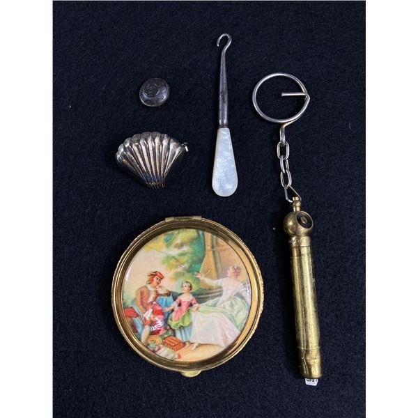 Vintage Lot - Lacer, Art Deco Compact Mirror, Fanshaped Scarf Clip, Brass Tire Gage & Devonshire Reg