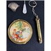 Image 3 : Vintage Lot - Lacer, Art Deco Compact Mirror, Fanshaped Scarf Clip, Brass Tire Gage & Devonshire Reg