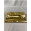 Image 1 : Gorgeous Heavy Solid Brass Desktop Caddy w/ Double Inkwell, Rocking Ink Blotter & Indented Pen Holde