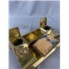 Image 2 : Gorgeous Heavy Solid Brass Desktop Caddy w/ Double Inkwell, Rocking Ink Blotter & Indented Pen Holde