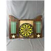 Image 2 : Vintage Dart Board In Wood Double Door Case Marked "The Royal Arms" Approx. 19 1/2" x 13 3/4"