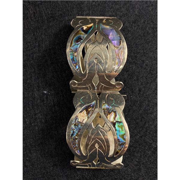 Gorgeous Sterling Silver w/ Abalone Inlay Hinged Bracelet, Marked 925 Hecho En Mexico, Original Pati