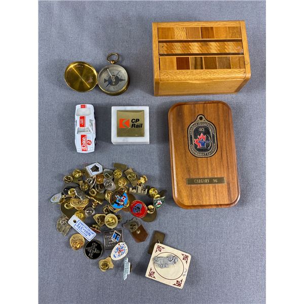 Handcrafted Wood Box w/ Pin Collection, Brass Cased Compass, CN Paperweight & Archery Award