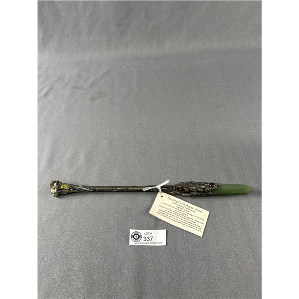 Healing Earth Mama Wand. Green Aventurine, Petrified Wood, Atlantisite & Pyrite. Approx.15" L