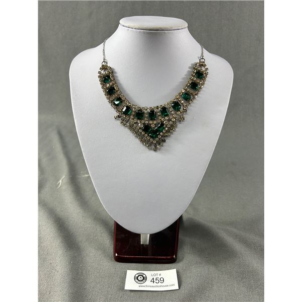 Vintage Green Glass & White Rhinestones Necklace, Original Patina