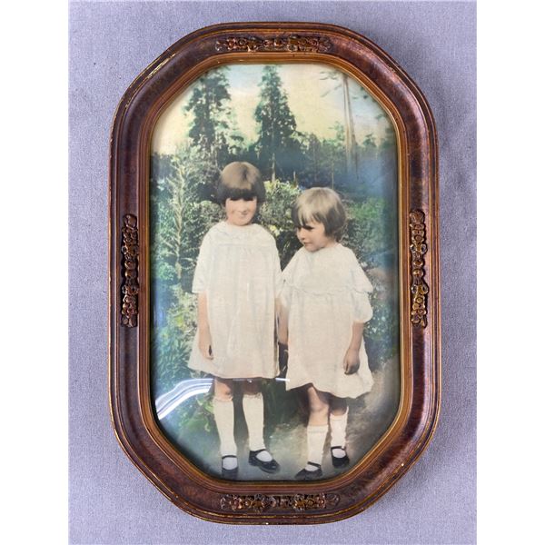 Antique Bubble Glass Frame w/ Picture of 2 Young Girls