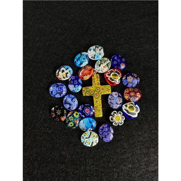 Bag of Murano Millefiori Italy Beads + Cross Pendant