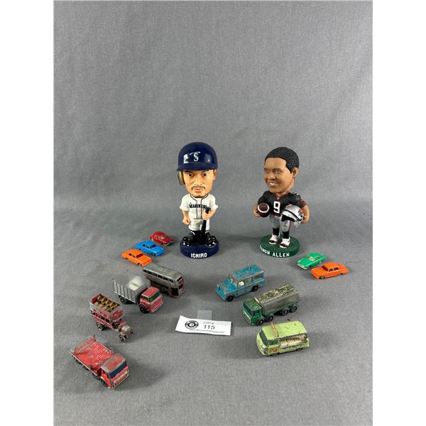 2 Bobble Heads, BC Lions & Seattle Mariners And Vintage England & Italian Made Plastic Toy Cars