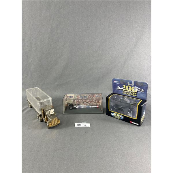 Ltd. Ed 6338/7500 Corgi NHRA Car, 2005 Corgi Replica War Plane & Metal Rig w/Acrylic Coin Container