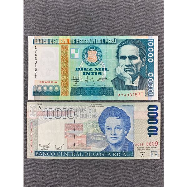 1988 Peru 10000 Intis Note & 1997 Costa Rico 10000 Colones Bank Note