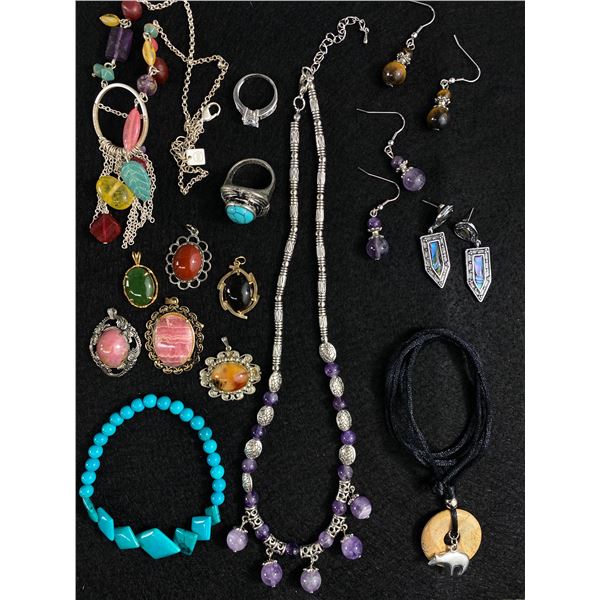 Lot Of Vintage Genuine Gemstone Jewellery In Case