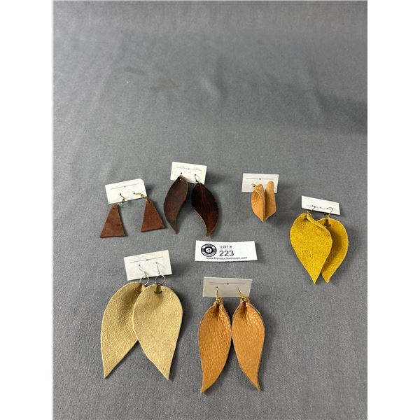 6 Pairs Of Genuine Brown & Beige Leather Dangle Earrings. Made In Canada