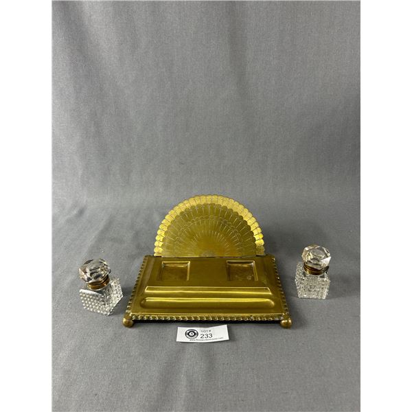 Beautiful Vintage Brass Double Inkwell Stand w/ Fan Shaped Letter Holder, Crystal Ink Bottles & Pen 