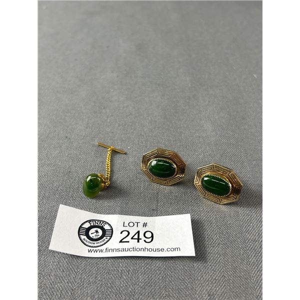 Quality Vintage Cufflinks & Tie Pin w/ Jade Accents