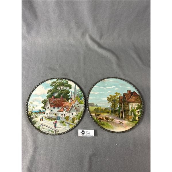 Antique Pair Of Round Lead-Framed Village Scene Prints