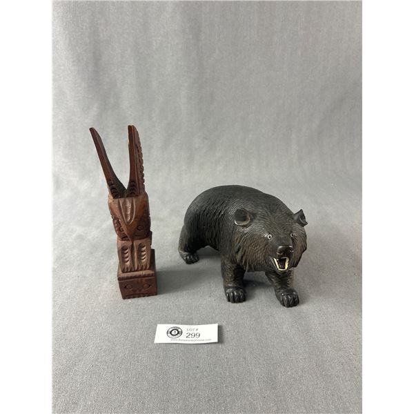 Nicely Carved Wood Black Bear w/ Bead Eyes ( Approx. 7"L)  & Cedar Totem Pole Signed Jening.(Approx.