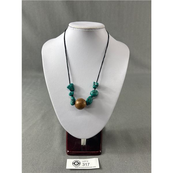 Natural Chunky Turquoise Stone & Large Nut Like Bead Center Necklace