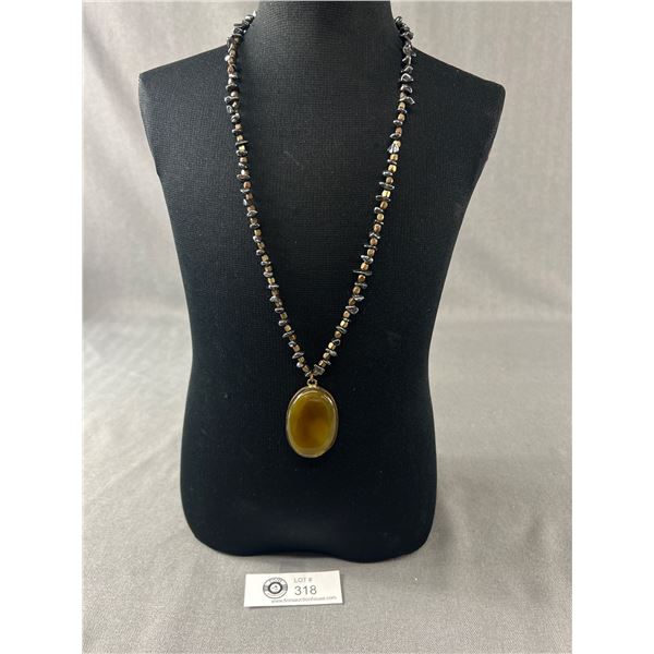 Natural Hemetite Stones w/ Framed Brownish Beige Agate Stone Pendant Necklace