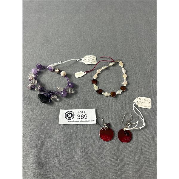 Hand Crafted Wire Bracelet w/ Amethyst, Crystal & Labradorite Beads, Enamel Garnet Silver Earrings A