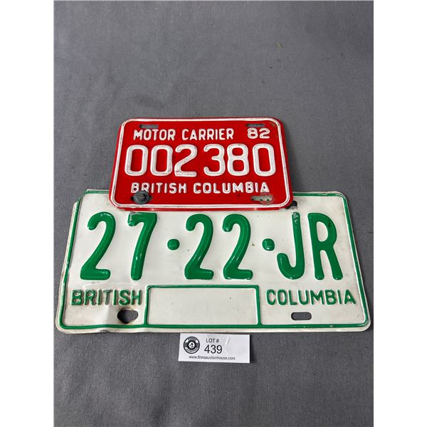 2 1982 BC License Plate w/ Motor Carrier License Plate