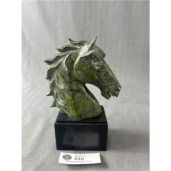 Heavy Green Stone Horse Bust On Black Cube Stone Base. Approx. 8" H