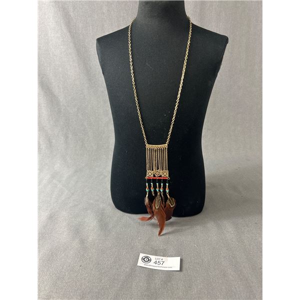 Native Design Necklace with Genuine Feathers. 24" L