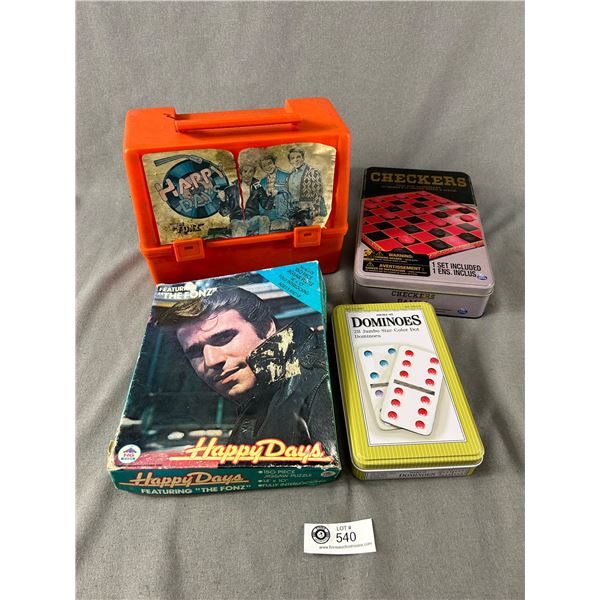 Happy Days  The Fonz  Lunch Box And Puzzle & Dominos & Checkers Games In Tin Box