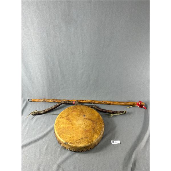 Vintage Hand Drum with Beater and Bow.